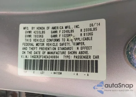 2014 Honda Accord Lx from USA, damaged, VIN 1HGCR2F34EA249694
